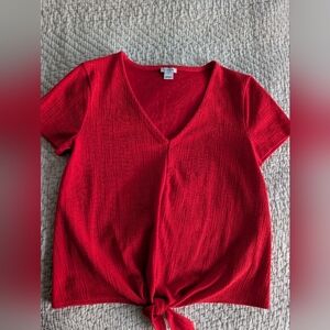 J. Crew Bright Red V-Neck Tie-Front Tee